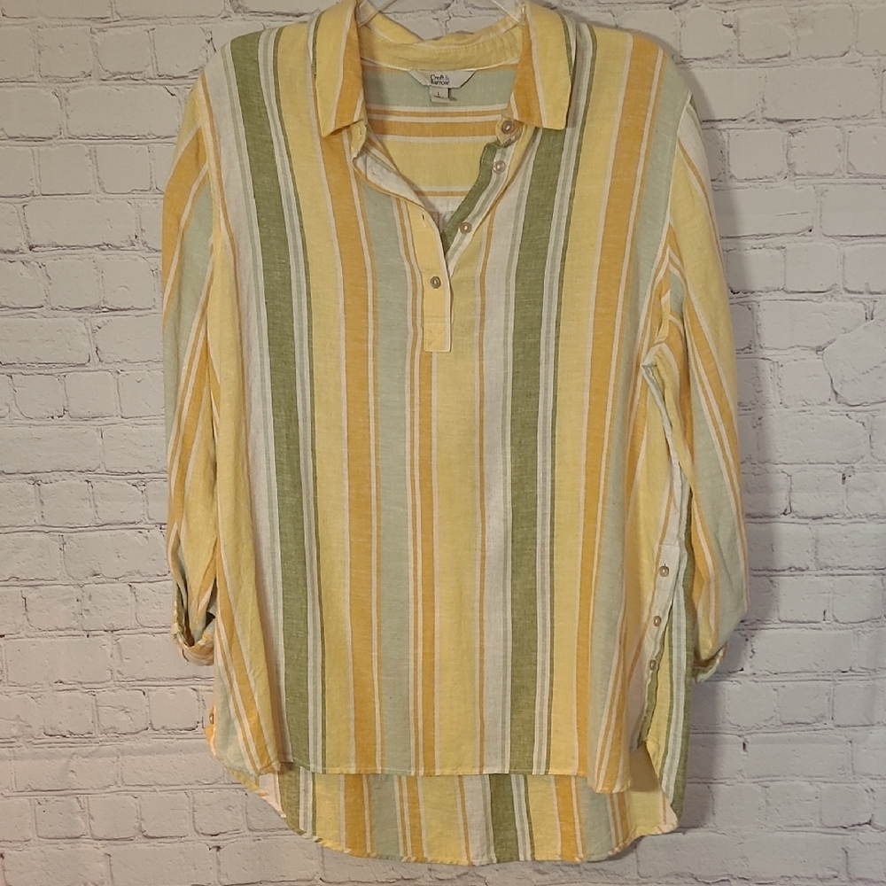 Linen Blend Size Large Yellow Striped Blouse Shirt Pop Over Roll Tab Sleeve
